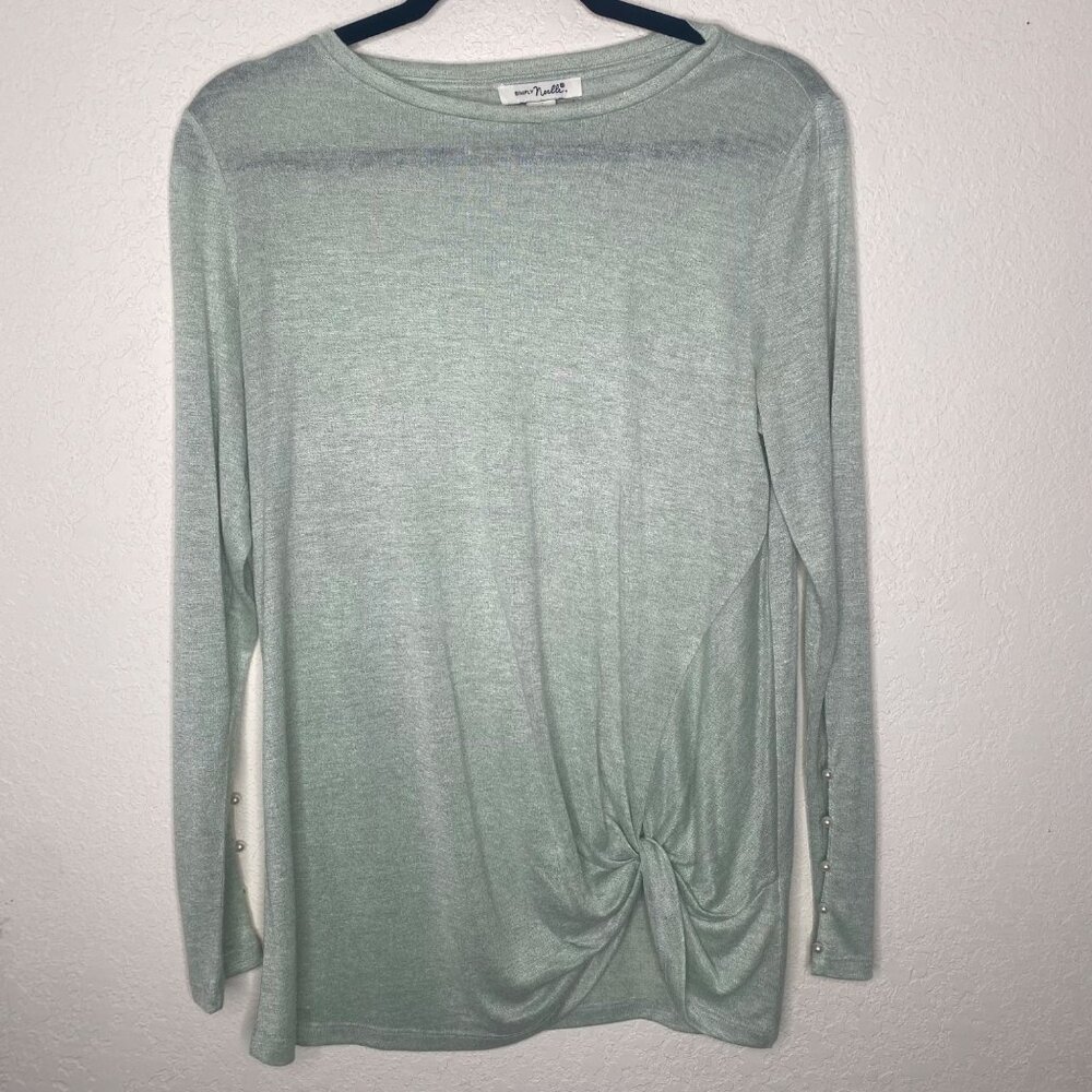 Simply Noelle Womens S/M Light Green Knotted Long Sleeve Top W/Pearl‎ Buttons